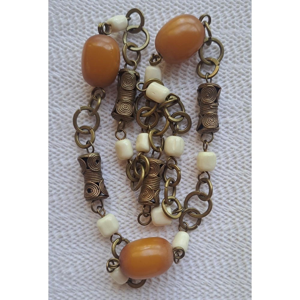 Vintage 1920s Art Deco Butterscotch Bakelite Brass Barrel Necklace - Picture 7 of 7